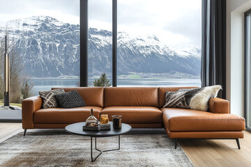 Luxury interior decor features panoramic windows. Modern living room highlights leather sectional sofa and mountain view, creating elegant space. Decor sleek.