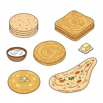 Traditional indian flatbreads, butter and yogurt food vector art