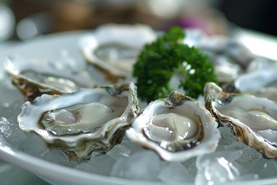 Fresh oysters on ice with parsley, ready to be enjoyed as a luxurious appetizer or main course