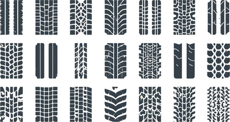 A collection of various tire track patterns, showcasing diverse tread designs and textures, perfect for automotive or transportation-related projects.