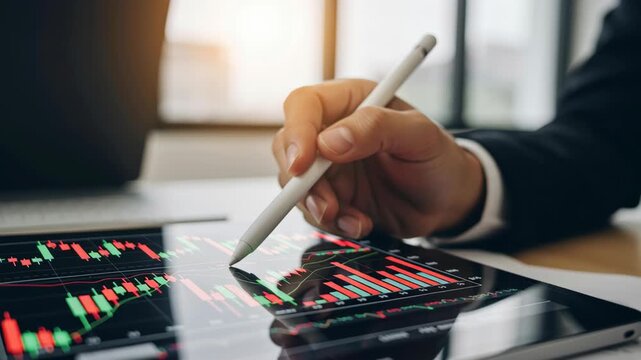 Finance report analysis tax budget financial accounting business corporate investment economy strategy expert reviews charts tablet touchscreen interaction showing market trend planning stylus