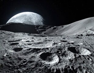 Dramatic view of the cratered lunar surface with a massive Earthrise on the horizon.