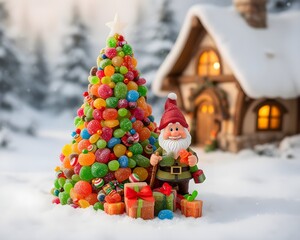 Dolce Natale delle fiabe: nanetto con albero di caramelle e dolciumi