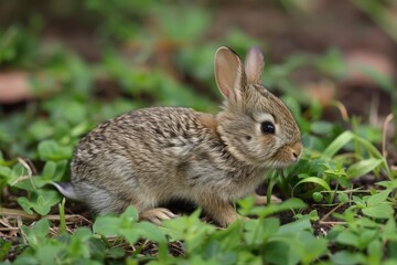 Fototapeta premium Adorable wild baby cottontail rabbit exploring lush green grass in its natural habitat