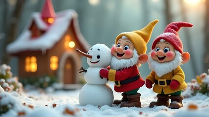 Natale nella neve: nanetti che costruiscono un pupazzo di neve