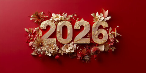 Elegant 2026 floral design with red and gold elements for new year celebrations