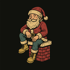 Cozy Retro Christmas Art: Santa Claus on the Rooftop Chimney