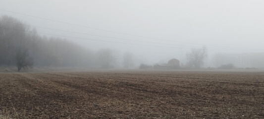 Neblina envolvente sobre campo arado y bosque oscuro en invierno en Burgos, Espa&ntilde;a