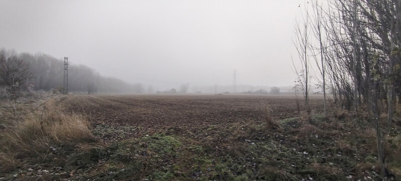 Neblina envolvente sobre campo arado y bosque oscuro en invierno en Burgos, Espa&ntilde;a