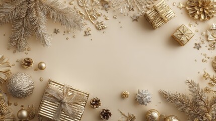 Elegant golden christmas flat lay with gift boxes and ornaments on neutral background