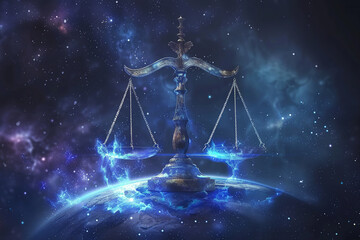 Libra in space depicts balance, with scales set against celestial backdrop, symbolizing justice and harmony. Ideal for astrological visualizations and representing Libra in space.