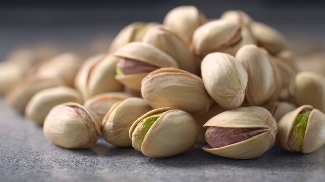 Pistachios Heap: A close-up shot presents a vibrant display of pistachios, their shells slightly ajar revealing the inviting green nut within, an inviting visual of natural textures.