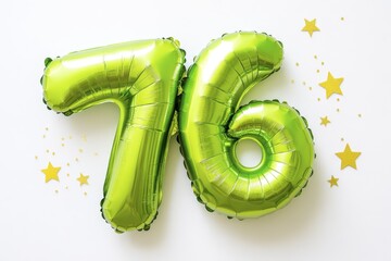 Green balloon number 76 with golden stars on white background for celebratory occasions