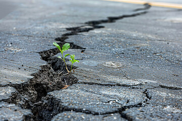 Small plant breaking through asphalt represents message hope. Illustrates persistence optimism despite hardship. Underscores potential renewal, perseverance despite challenges.