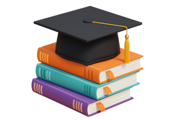 A stack of colorful books topped with a graduation cap on transparent background.