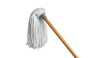 a classic string mop with a wooden handle isolated on transparent background.