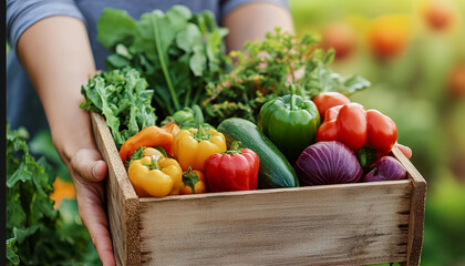 Fresh vegetables and greens in wooden box highlights organic food. Perfect produce from garden offers healthy diet, reflecting natural ingredients from sunlight.