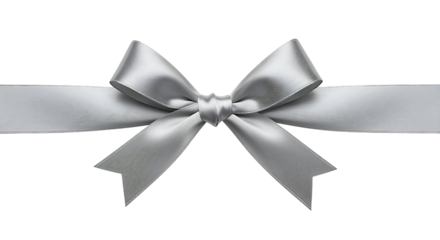 A shiny silver ribbon bow with flowing ends ideal for design projects on transparent background.