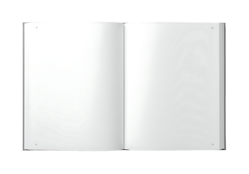 open book with blank pages perfect for mockups and digital design on transparent background.