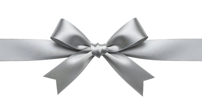 A shiny silver ribbon bow with flowing ends ideal for design projects on transparent background.