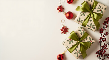 Christmas Gift Boxes with Ornaments and Festive Decorations Flat Lay