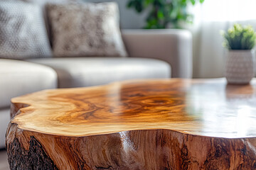 Modern furniture showcases raw wood coffee table, with its unique slice texture. Clean minimalist style of couch and pillows makes perfect background for this natural decor.