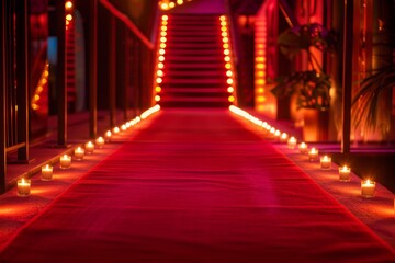 Elegant red carpet with candles leading to a brightly lit staircase, creating a luxurious and celebratory atmosphere
