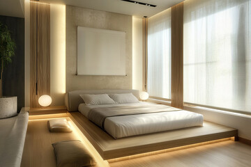Contemporary bedroom design showcases a pristine white interior, flooded with abundant natural light. This modern space offers a peaceful and comfortable retreat.
