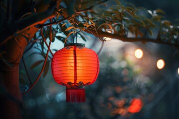 Obraz premium Red paper lantern hanging from a tree with string lights in the background, creating a warm and festive atmosphere