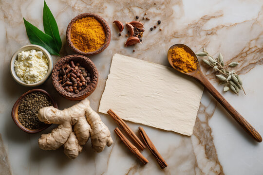 Crafting vibrant, healthy meals using fresh ginger, turmeric, and cinnamon spices with blank card for adding personalized recipe notes for a delicious dish