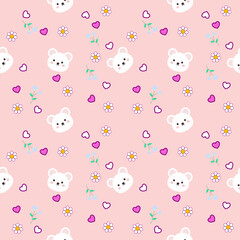 Obraz premium Cute bear face pattern with hearts and flowers on pink background, playful and charming design