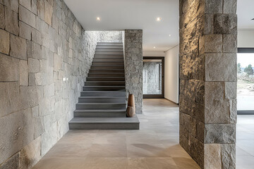 Modern halls design with textures for staircase wall and space, Stylish hall modern touch with design,