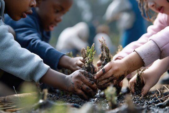 Children engaged in planting seedlings in a community garden during a sunny afternoon activity