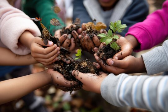 Children gather around to plant seedlings in a community garden during a sunny afternoon in spring