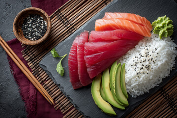 Exquisite sushi platter featuring fresh tuna, salmon, avocado, and rice, perfect for upscale dining or healthy lifestyle promotions, stunning food photography