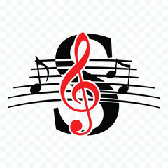 Black letter S with red treble clef and musical notes on staff vector