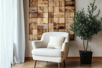 Tranquility living and rustic furniture design showcasing warm wood accent wall, offering plants and soft elements featuring organic eco interior design trend.