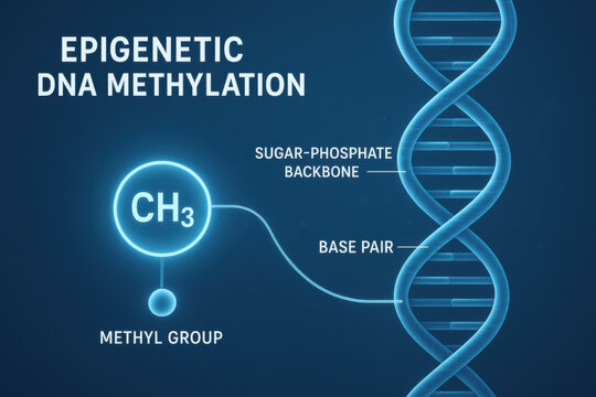 Informative medical infographic showing epigenetic dna methylation. This glowing illustration of double helix and methyl group explains complex scientific concept with clarity