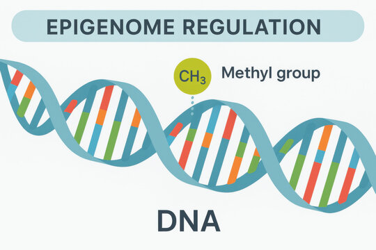 Epigenome regulation diagram showing twisting DNA with methyl group attached. clear genomic science infographic for explaining complex biological concepts and research