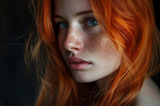 Close up portrait of a redhead fashion model showing freckles and blue eyes