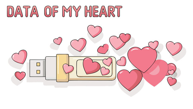 Digital love data storage concept with a usb drive filled with pink hearts and text data of my heart