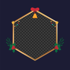 Golden Christmas Hexagonal Frame with Holly Berries, Jingle Bell, Lights and Festive Ornaments