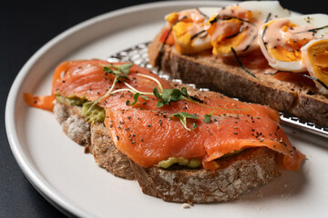 Smoked Salmon and Avocado Mash Sourdough Toast with Soft-Boiled Egg, and Mentaiko Sourdough Toast