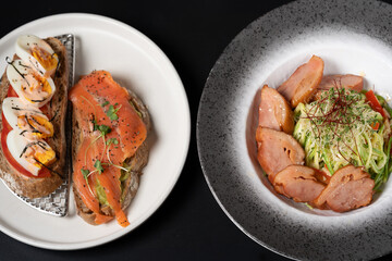 Smoked Salmon and Avocado Mash Sourdough Toast with Soft-Boiled Egg, and Mentaiko Sourdough Toast, and Garlic and Olive Oil Zucchini Noodles with Smoked Duck Breast
