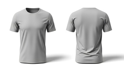 Fototapeta premium Blank gray t-shirts shown from the front and back with a subtle shadow, perfect for design mockups or print-on-demand