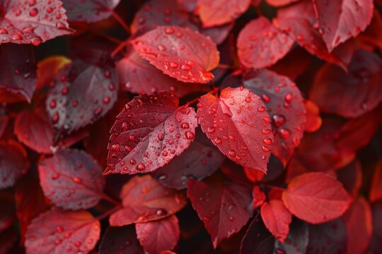 Close up of wet, vibrant red leaves, capturing the beauty of autumn foliage after a rainfall