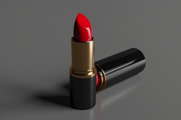 Red lipstick is standing on gray background with its black and gold case lying near