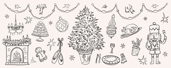 Christmas dinner party sketch of festive doodles decorated tree and fireplace, nutcracker. Ballet pointed shoes hanging on the ribbon. Crayon vector illustration of roasted turkey for dinner.
