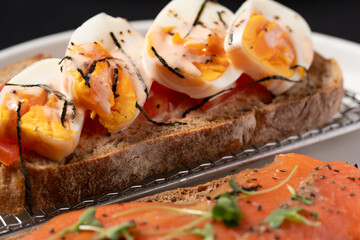 Smoked Salmon and Avocado Mash Sourdough Toast with Soft-Boiled Egg, and Mentaiko Sourdough Toast