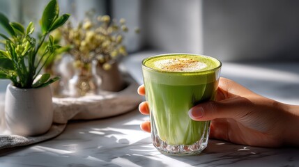 Hand holding pistachio latte in bright cafe setting